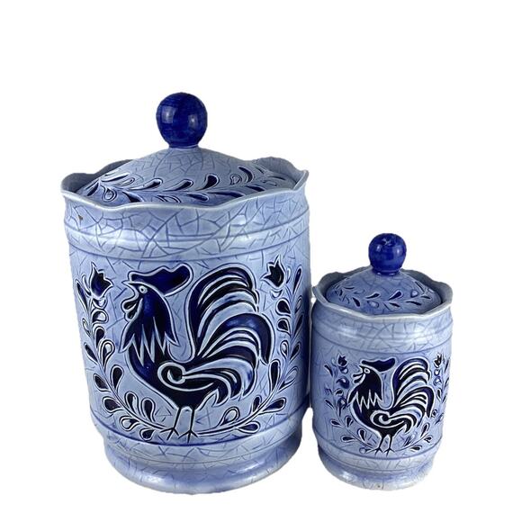 Lefton Other - Vintage Lefton Blue Rooster Set Of Ceramic Kitchen Canisters Country Decor